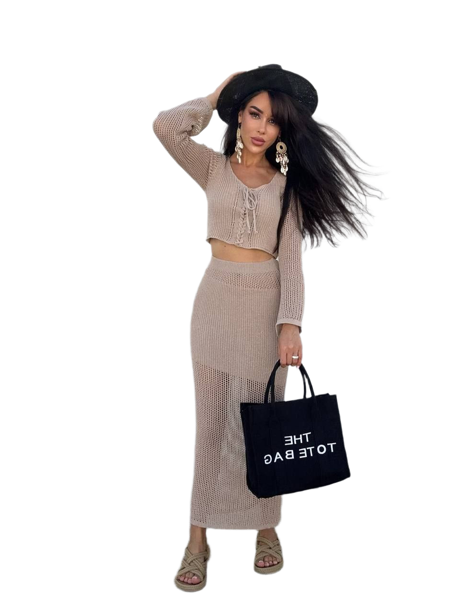 Knitted Summer Suit for Women Two-Piece Set Crop Top and Skirt