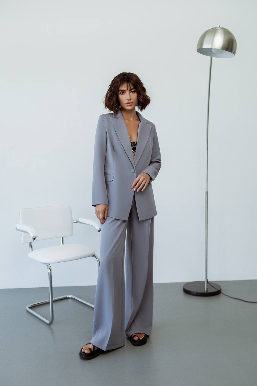 Gray Palazzo Suit Women Diagonal Crepe Tailored Blazer and Wide Leg Trousers