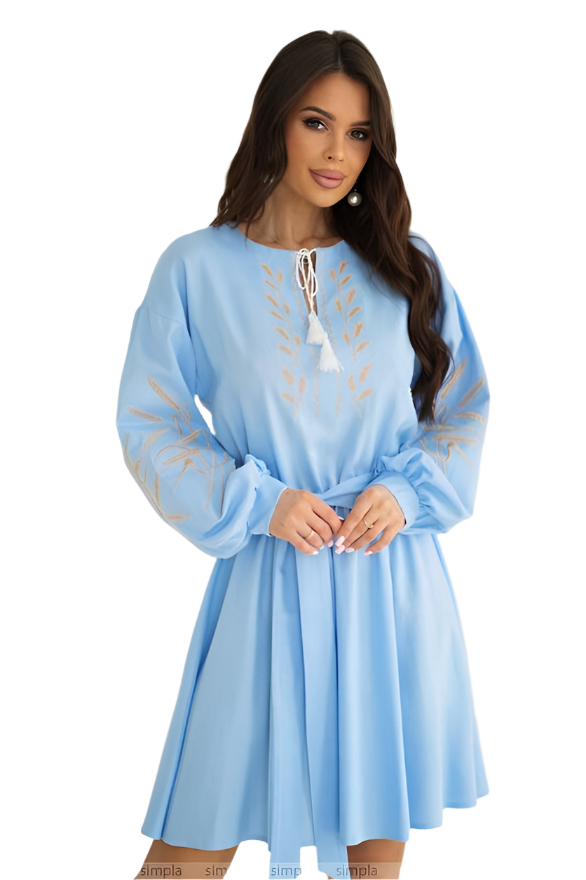 Light Blue Linen Embroidered Dress with Flared Skirt and Waist Belt