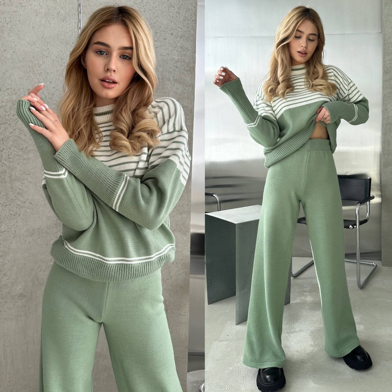 Woman wearing a green and white striped sweater and pants set indoors.