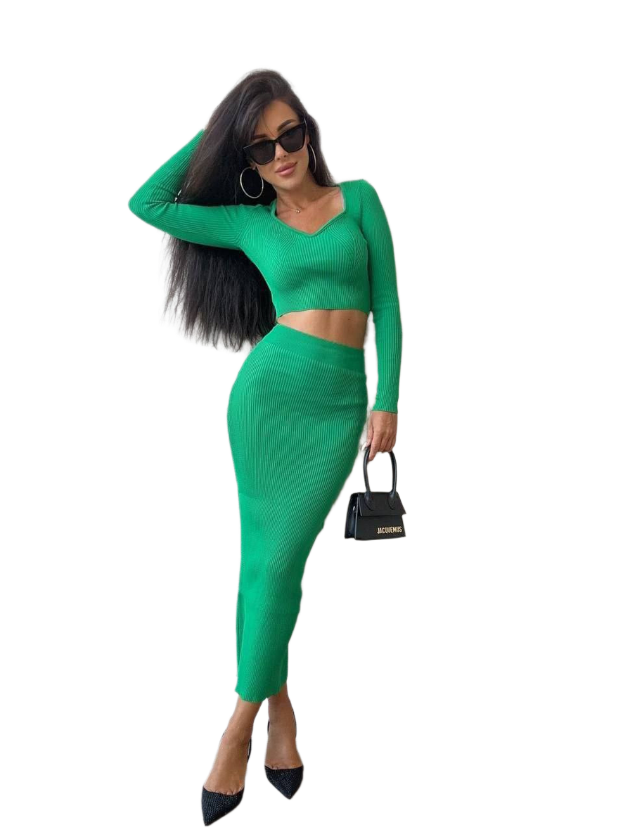 Amelie Knitted Two-Piece Suit for Women Ribbed Stretchy Top and Skirt Set