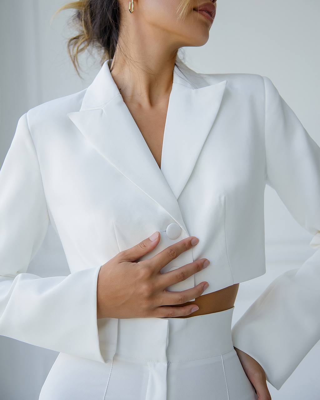 Premium Diagonal Crepe Women's Suit Blazer with Lining and Trousers in White