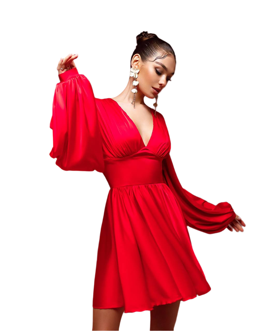 Elegant Red Thick Silk Dress with Long Balloon Sleeves