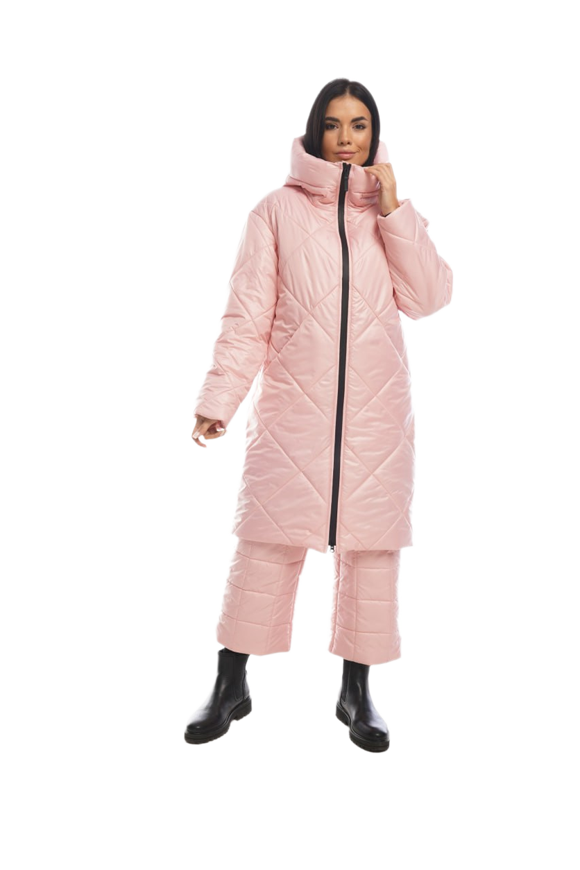 Person wearing a pink puffer coat and pants on a white background