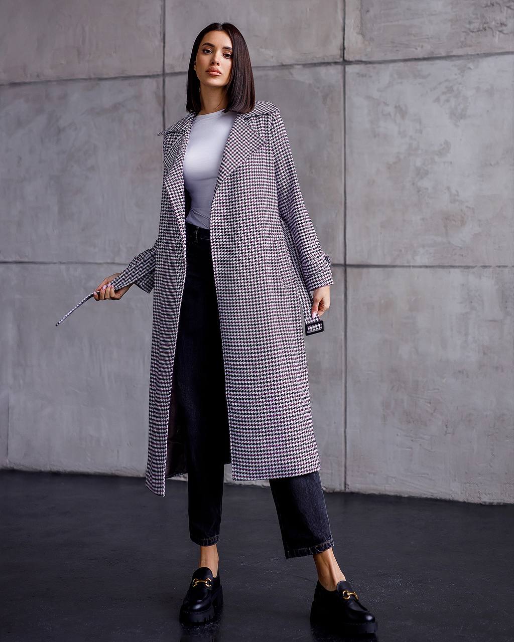 Womens Turkish Fabric Houndstooth Pattern Coat Long Trench Style Belted