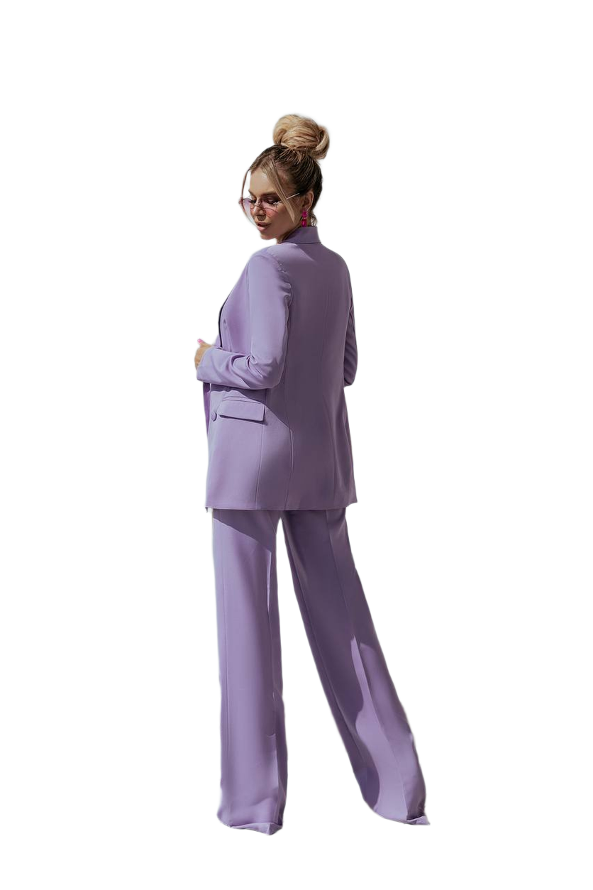 Person wearing a light purple suit on a white background