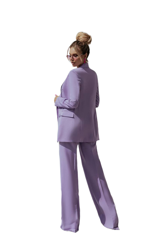 Person wearing a light purple suit on a white background