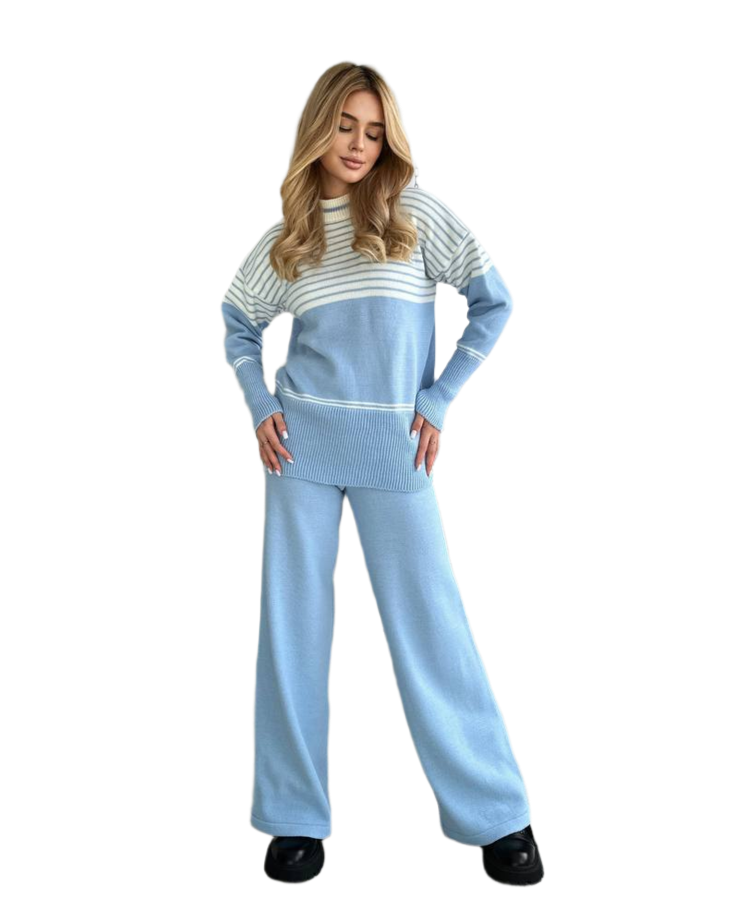 Womens Fine Knit Striped Sweater and Wide Leg Pants Suit Blue
