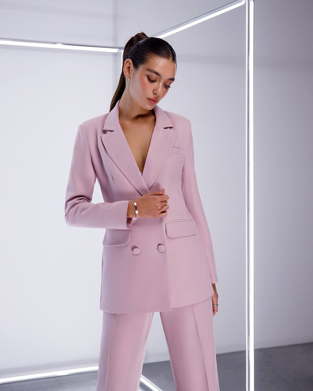 Pink Prom Bridal Wedding Cocktail Graduation Three Piece Womens Suit Jacket Top Trousers Elegant Business Outfit Pantsuit Palazzo Pants