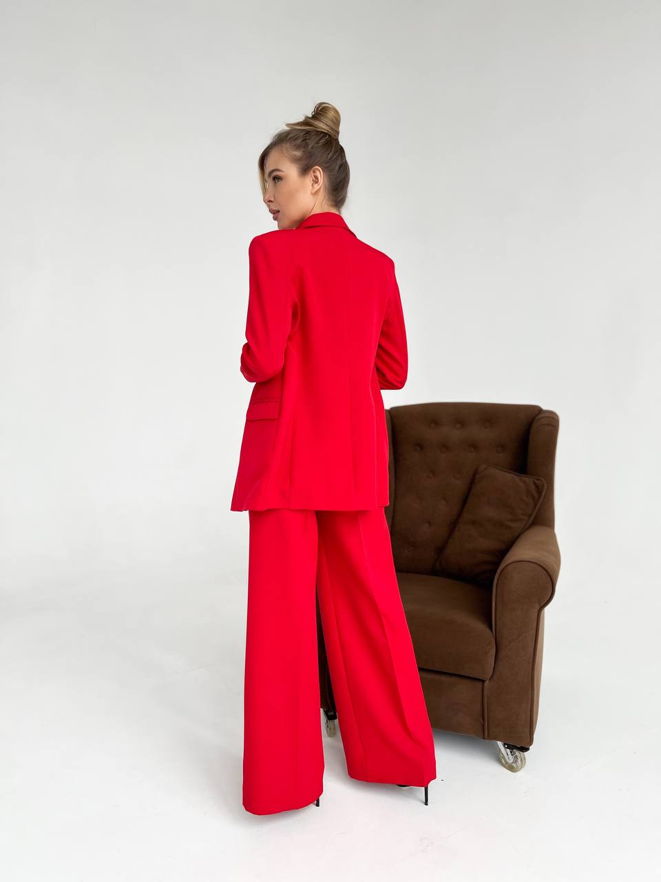 Red Diagonal Crepe Palazzo Suit Women Tailored Blazer Wide Leg Pants