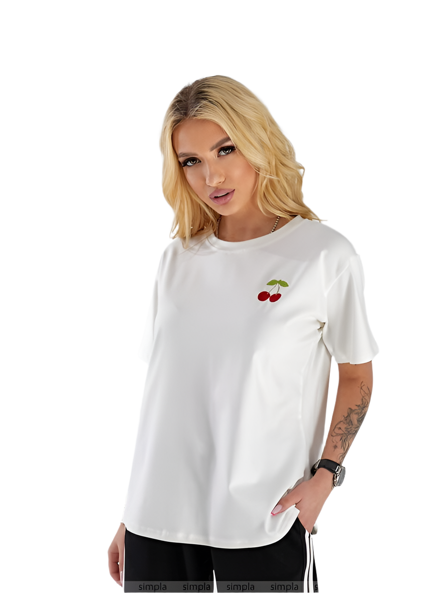White T-Shirt with Cherry Embroidery Casual Cotton Lycra Tee