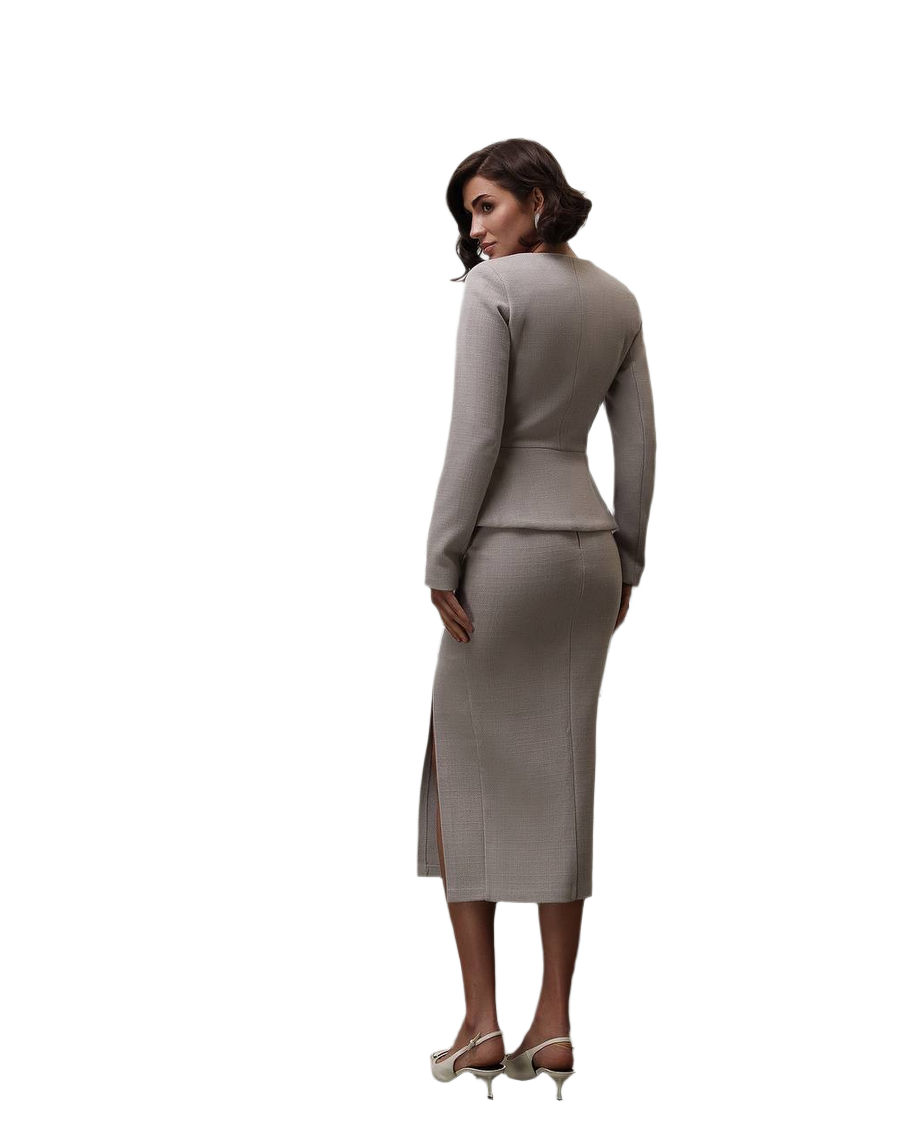 Woman wearing a gray suit on a white background