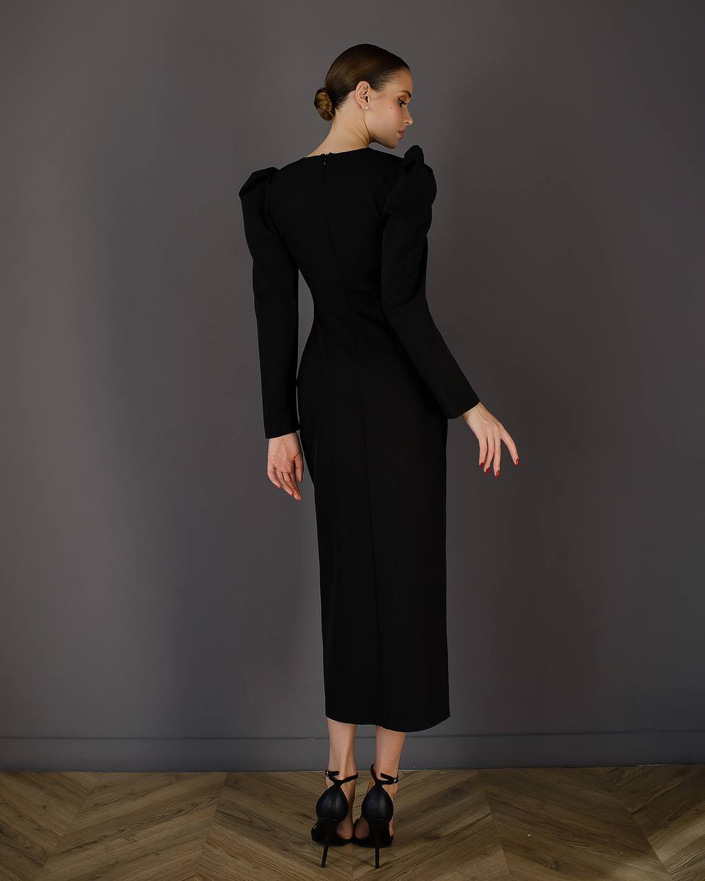 Elegant Black Midi Dress Women Puff Sleeve Crepe Diagonal Fabric