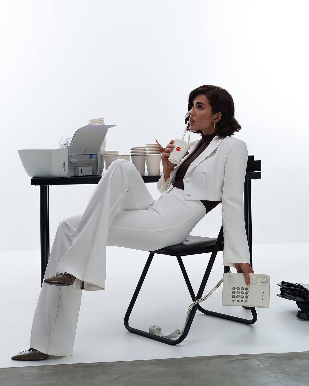 Premium Diagonal Crepe Women's Suit Blazer with Lining and Trousers in White