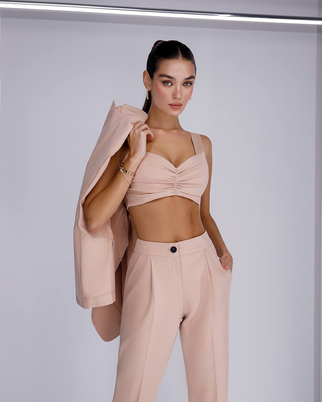 3 Pieces Women Prom Bridal Wedding Cocktail Suit Set Pantsuit Trousers Jacket Pants Top Bra Beige