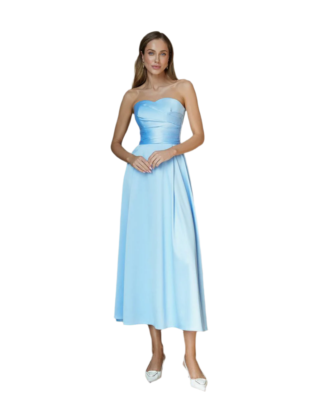 Elegant Women's Strapless Premium Satin Dress Midi Length
