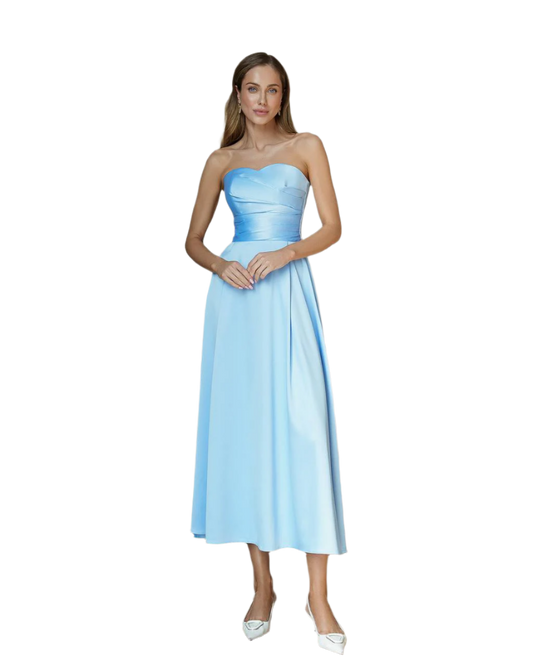 Elegant Women's Strapless Premium Satin Dress Midi Length