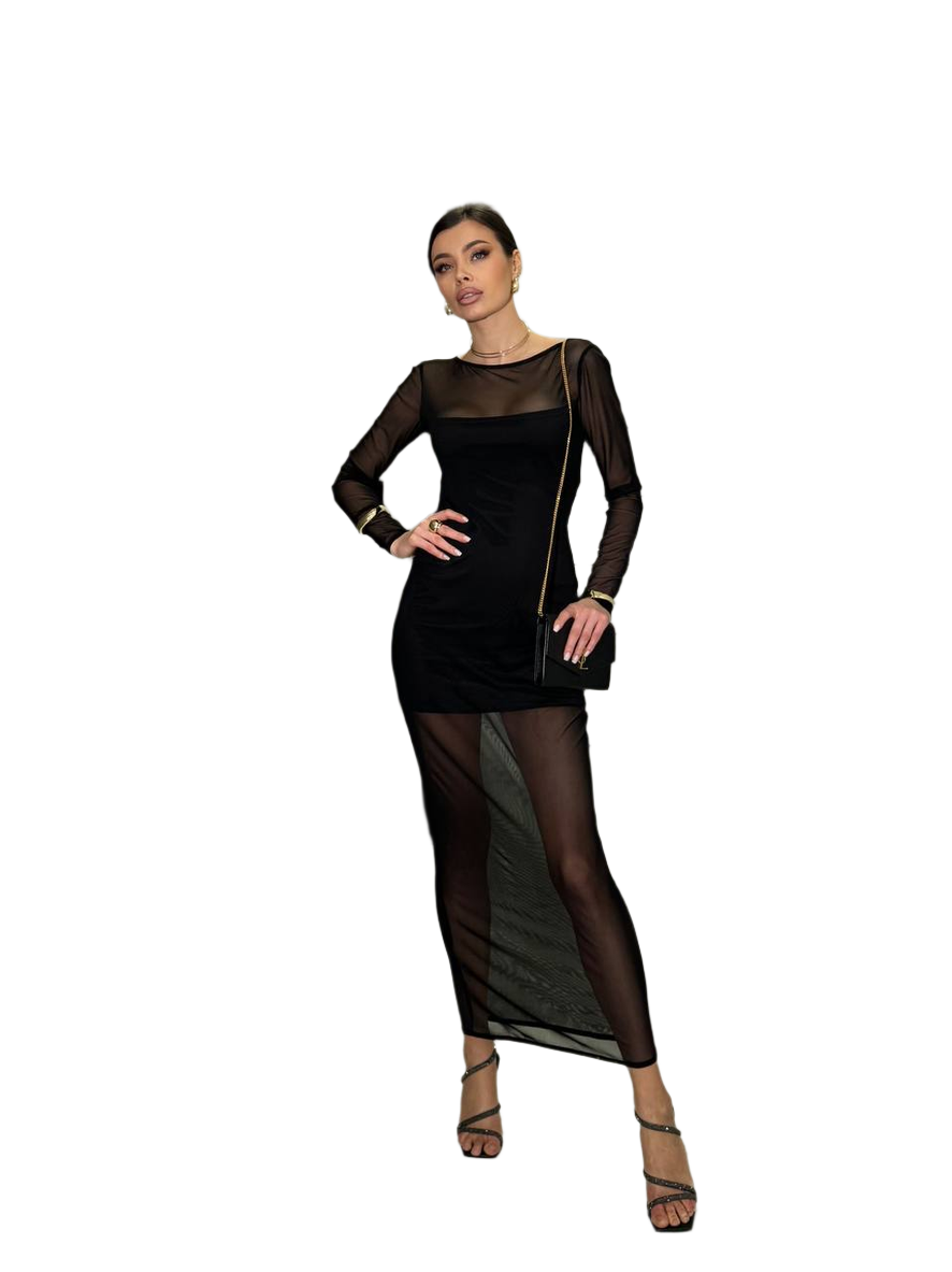 Black Long Sleeve Sheer Maxi Dress with Mini Dress Lining
