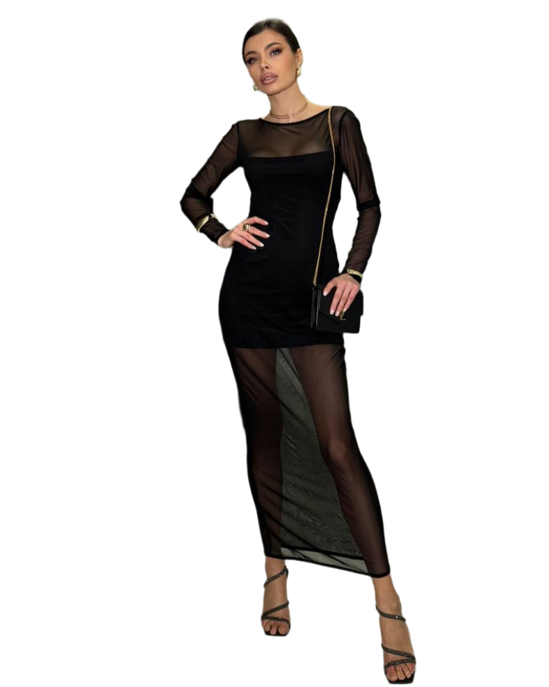 Black Long Sleeve Sheer Maxi Dress with Mini Dress Lining