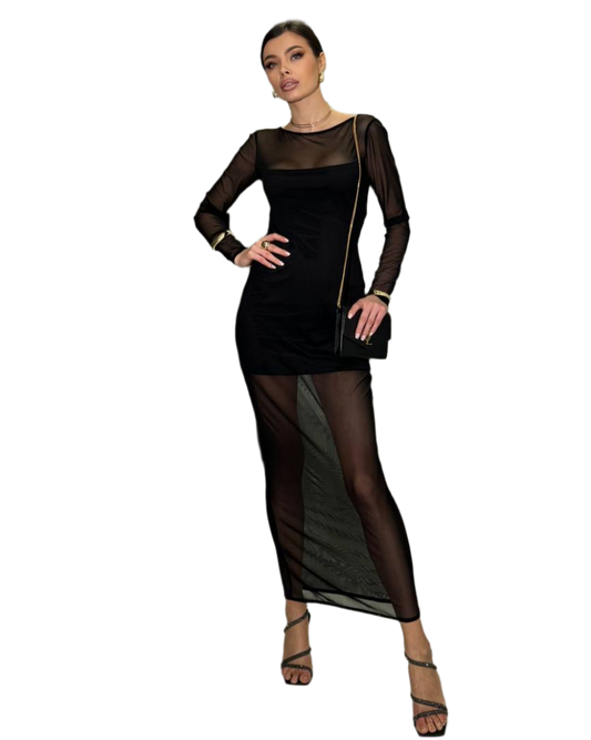 Black Long Sleeve Sheer Maxi Dress with Mini Dress Lining