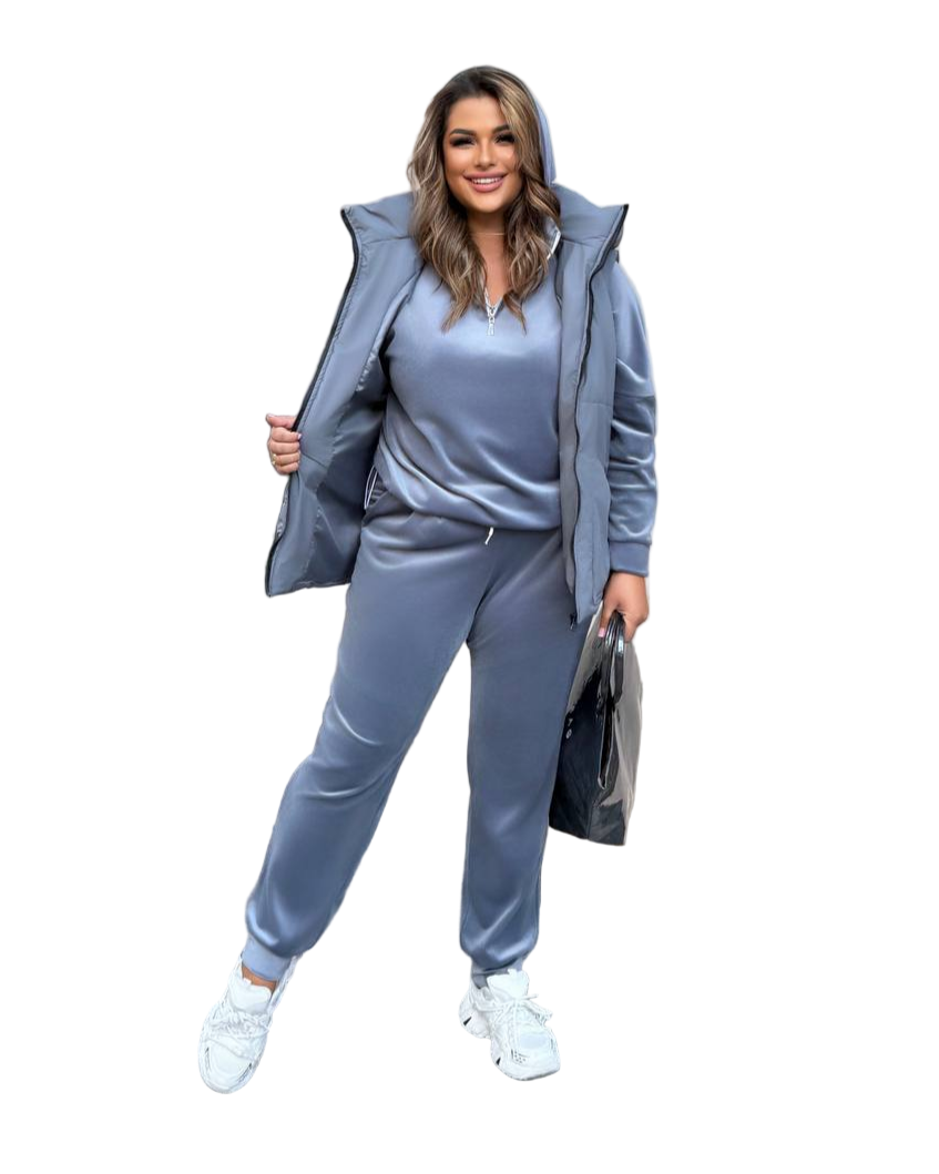 Gray Velour Three Piece Suit with Vest Satin Lined Water Resistant