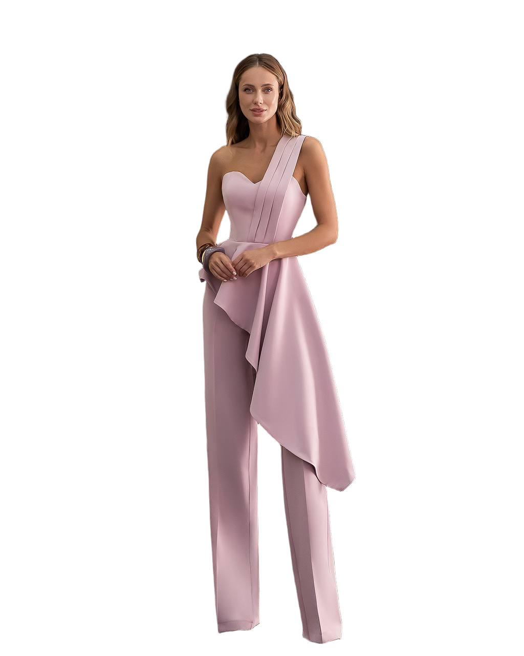 Powder Peplum Suit One Shoulder Peplum Top and Wide Leg Pants Premium Crepe