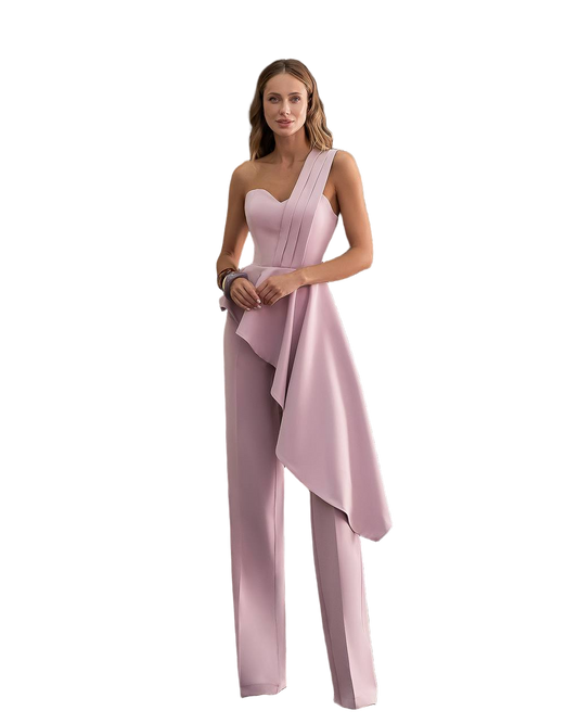 Powder Peplum Suit One Shoulder Peplum Top and Wide Leg Pants Premium Crepe