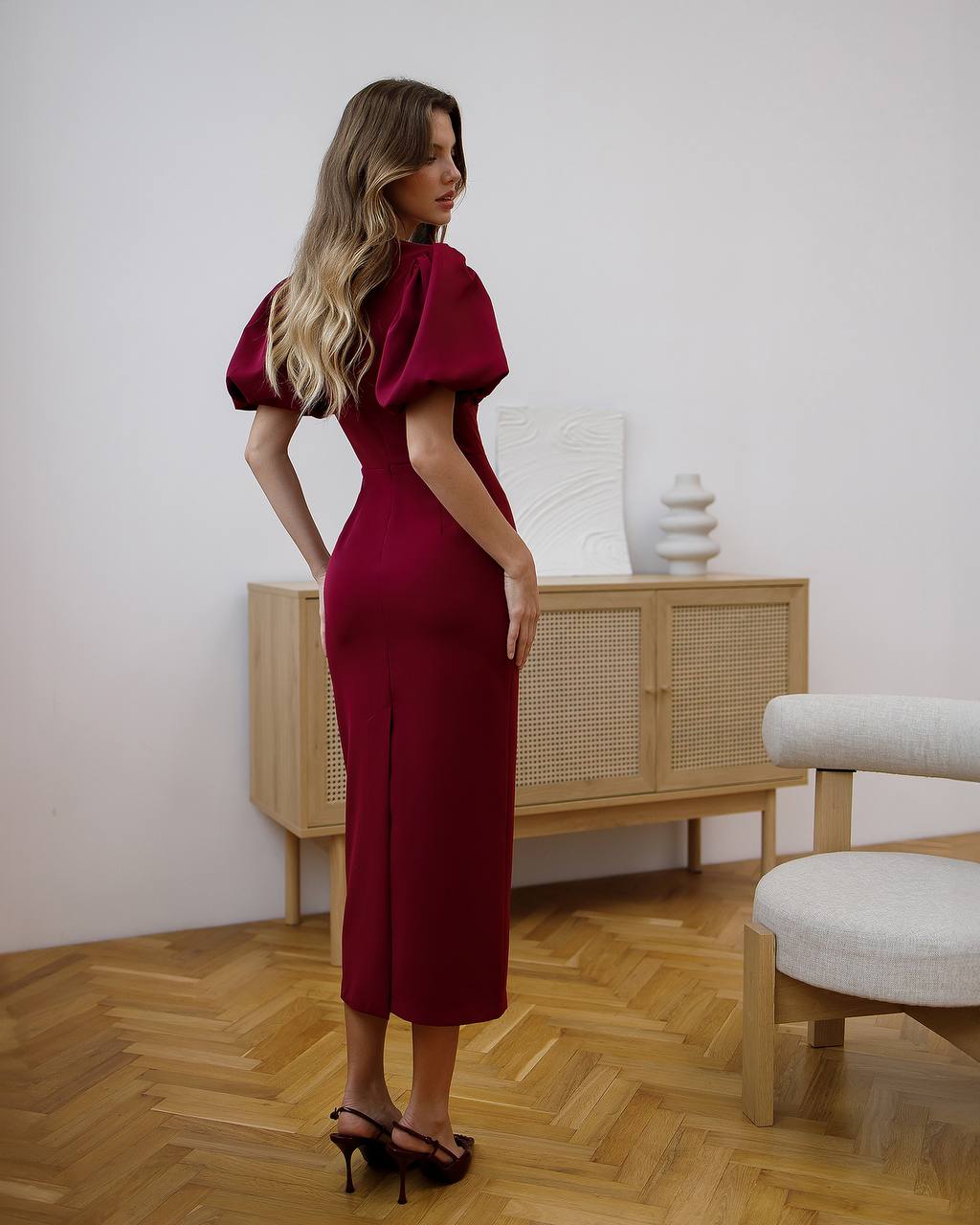 Elegant Burgundy Midi Dress with Puff Sleeves for Women