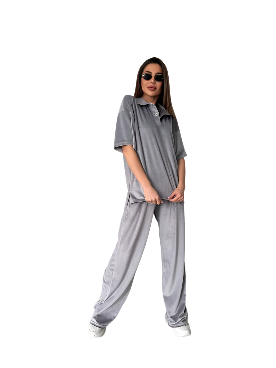 Stylish Gray Velour Two-Piece Casual Suit