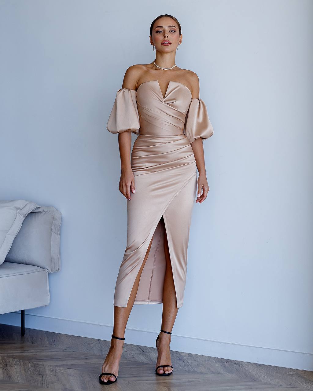 Elegant Royal Satin Midi Dress for Women with Puff Sleeves and Front Slit