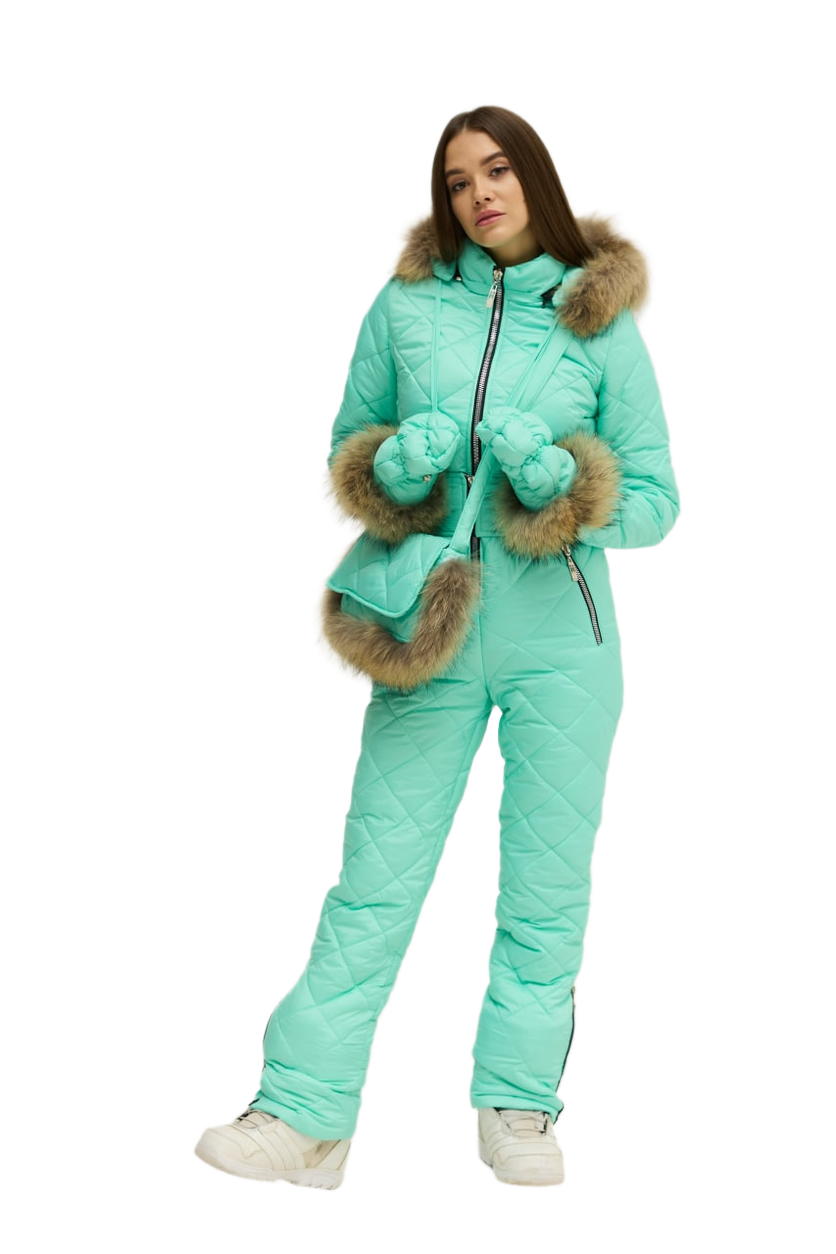 Winter Womens Quilted Ski Jumpsuit with Natural Raccoon Fur Accents