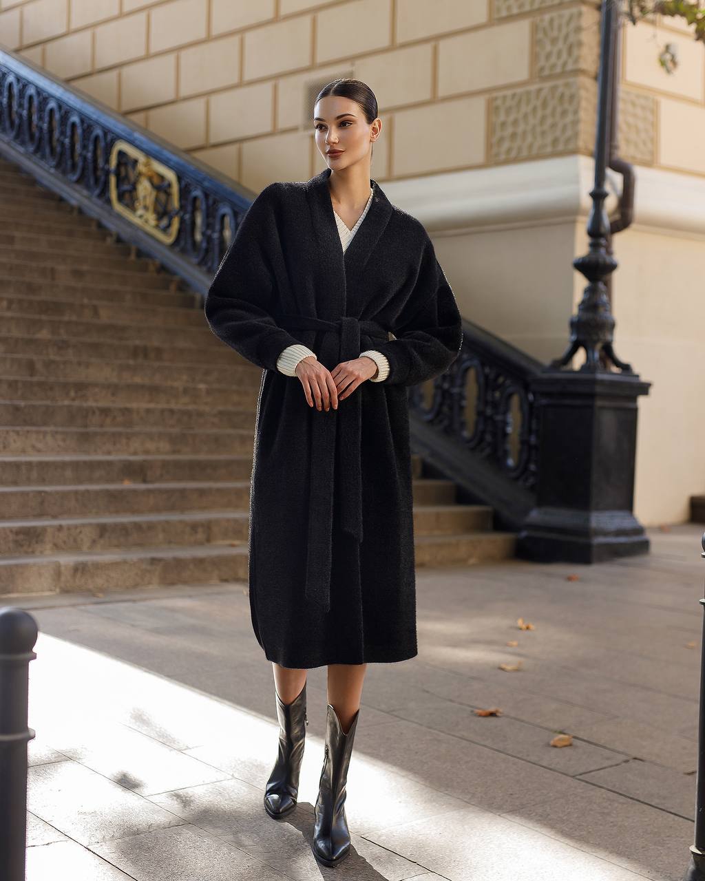 Silva Fluffy Black Long Cardigan with Belt for Women