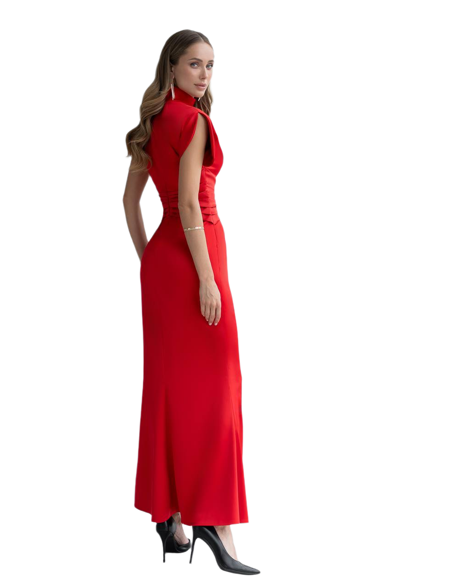 Woman wearing a red dress on a white background