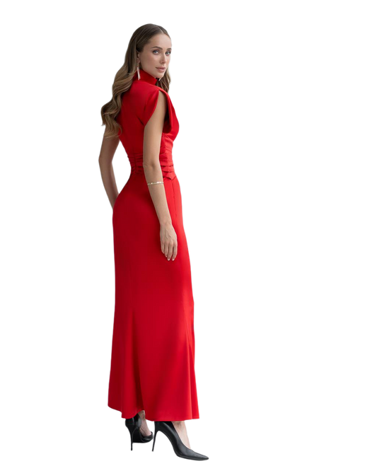 Woman wearing a red dress on a white background