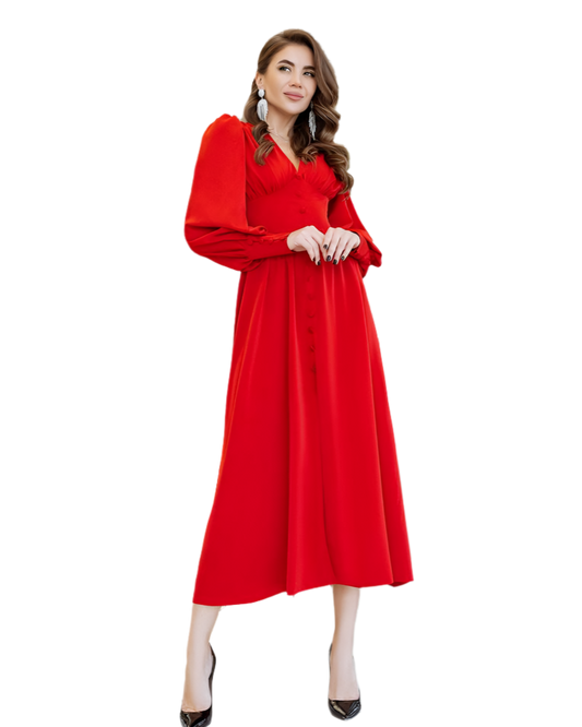 Elegant Red Crepe Silk Midi Dress with Puff Sleeves