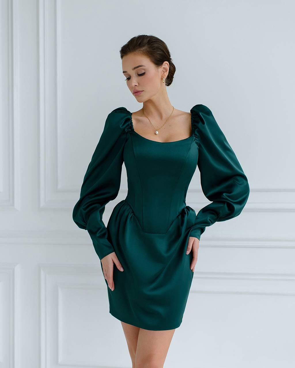 Women Mini Dress in Dense Mango Satin with Puff Sleeves