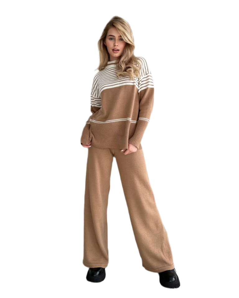 Womens Brown White Striped Knit Suit Casual Loose Fit