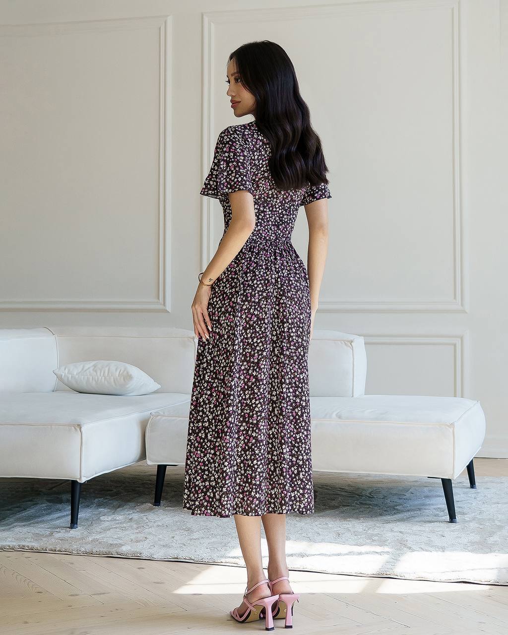 Floral Printed Staple Fabric Midi Dress for Women