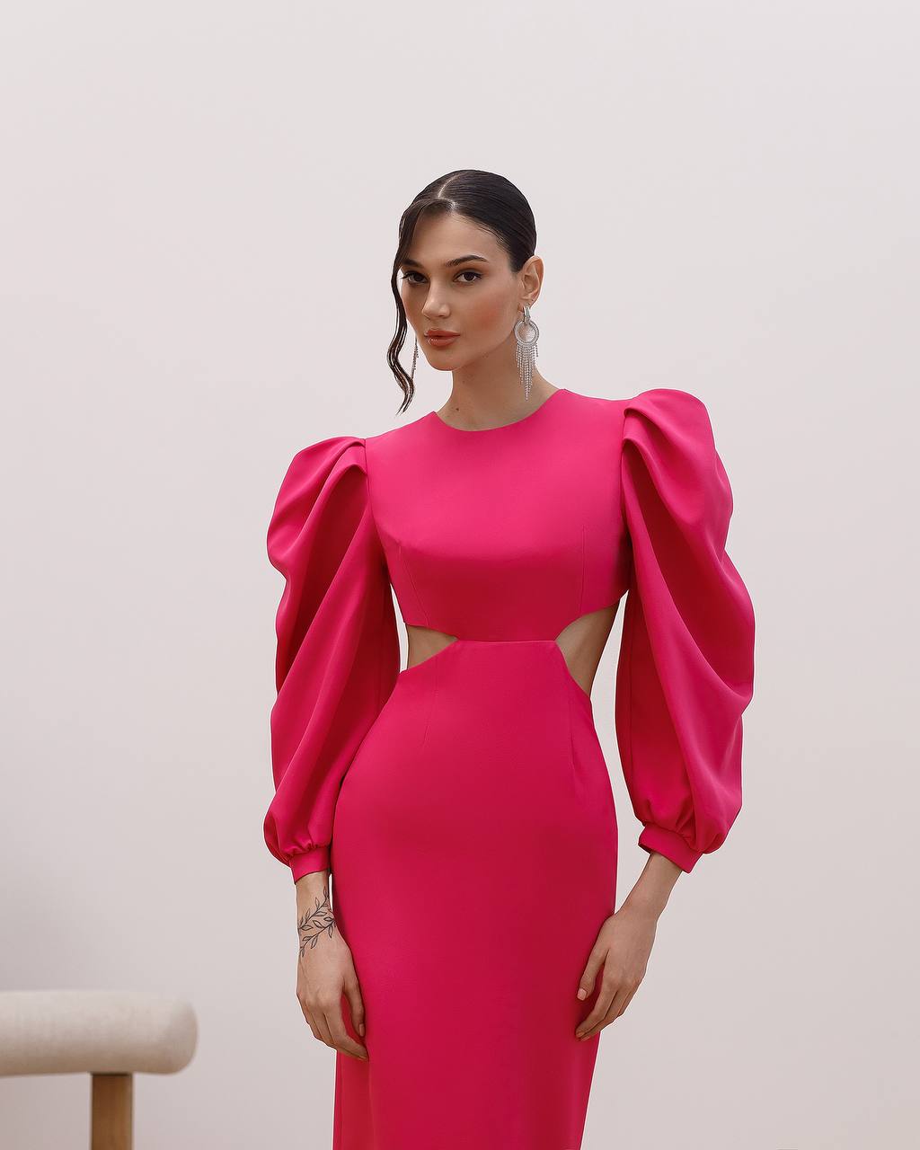 Elegant Midi Dress For Women In Premium Suit Diagonal Fabric