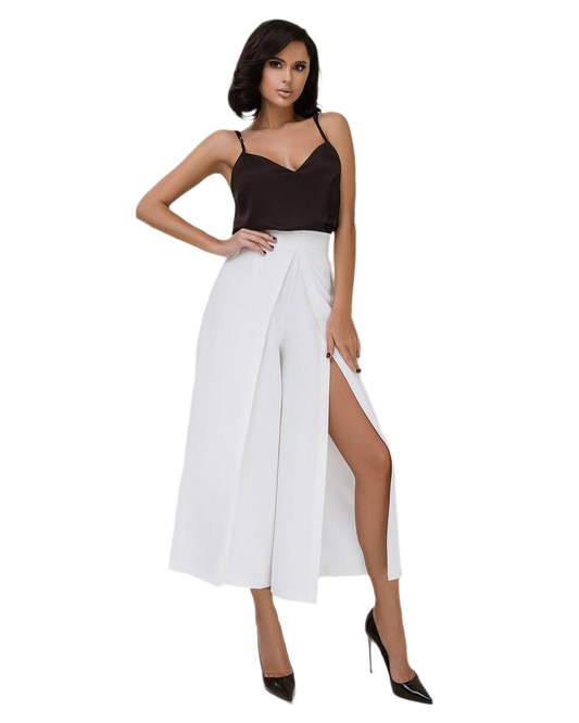 Womens White Diagonal Crepe Culottes Wide Leg with Front Slit