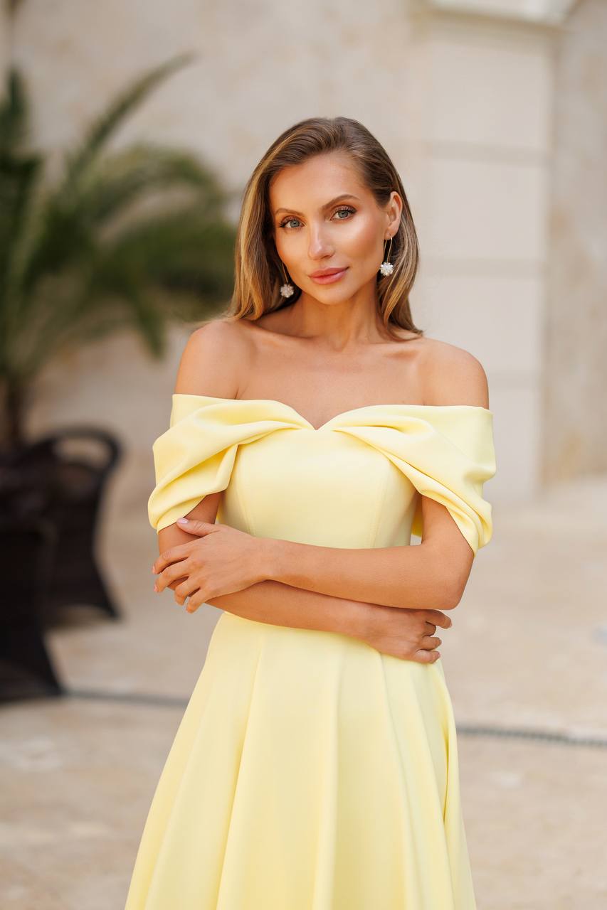 Elegant Off-Shoulder Yellow Diagonal Crepe Dress for Women