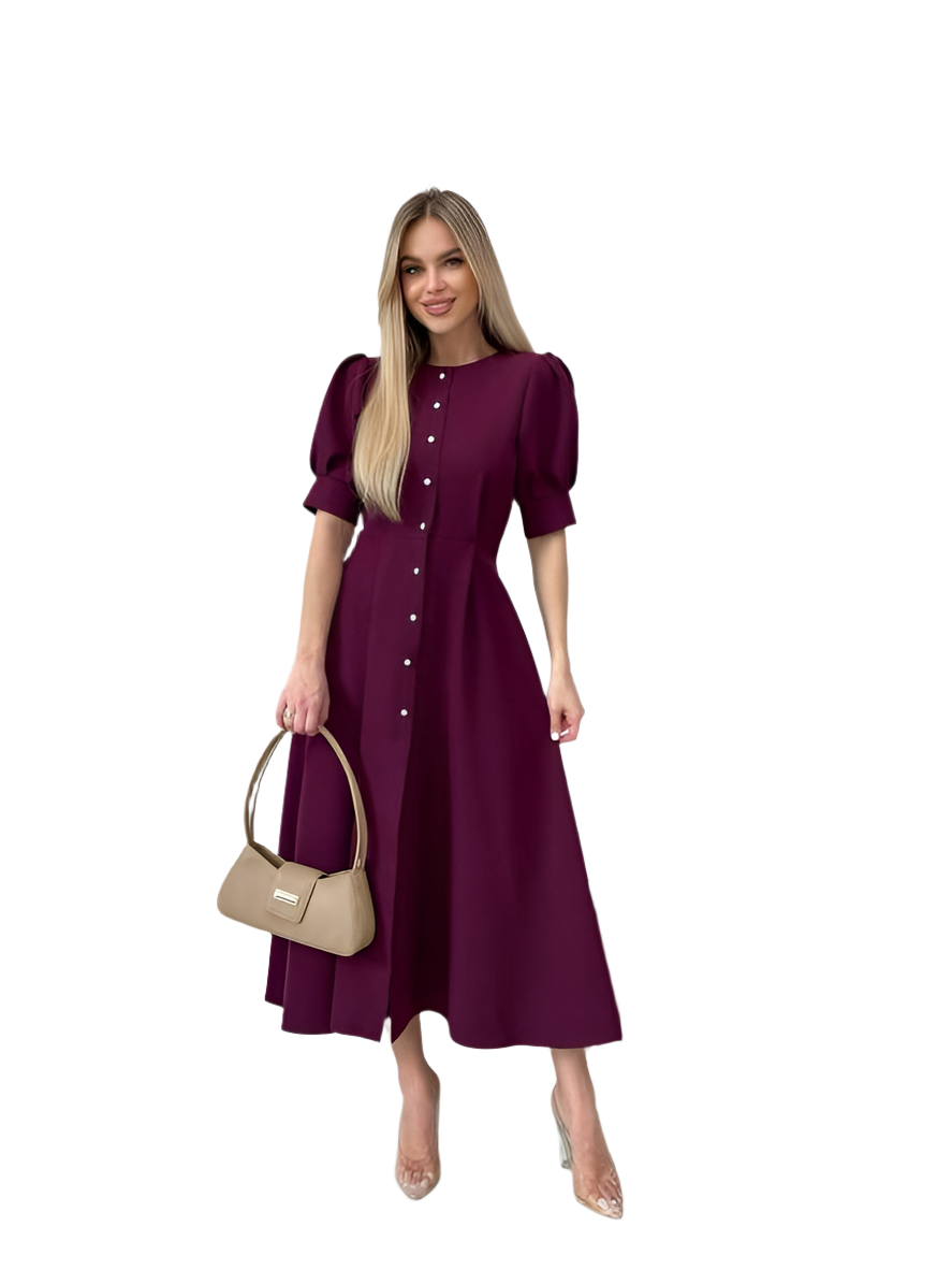 Elegant Burgundy Midi Dress with Puff Sleeves and Button Front