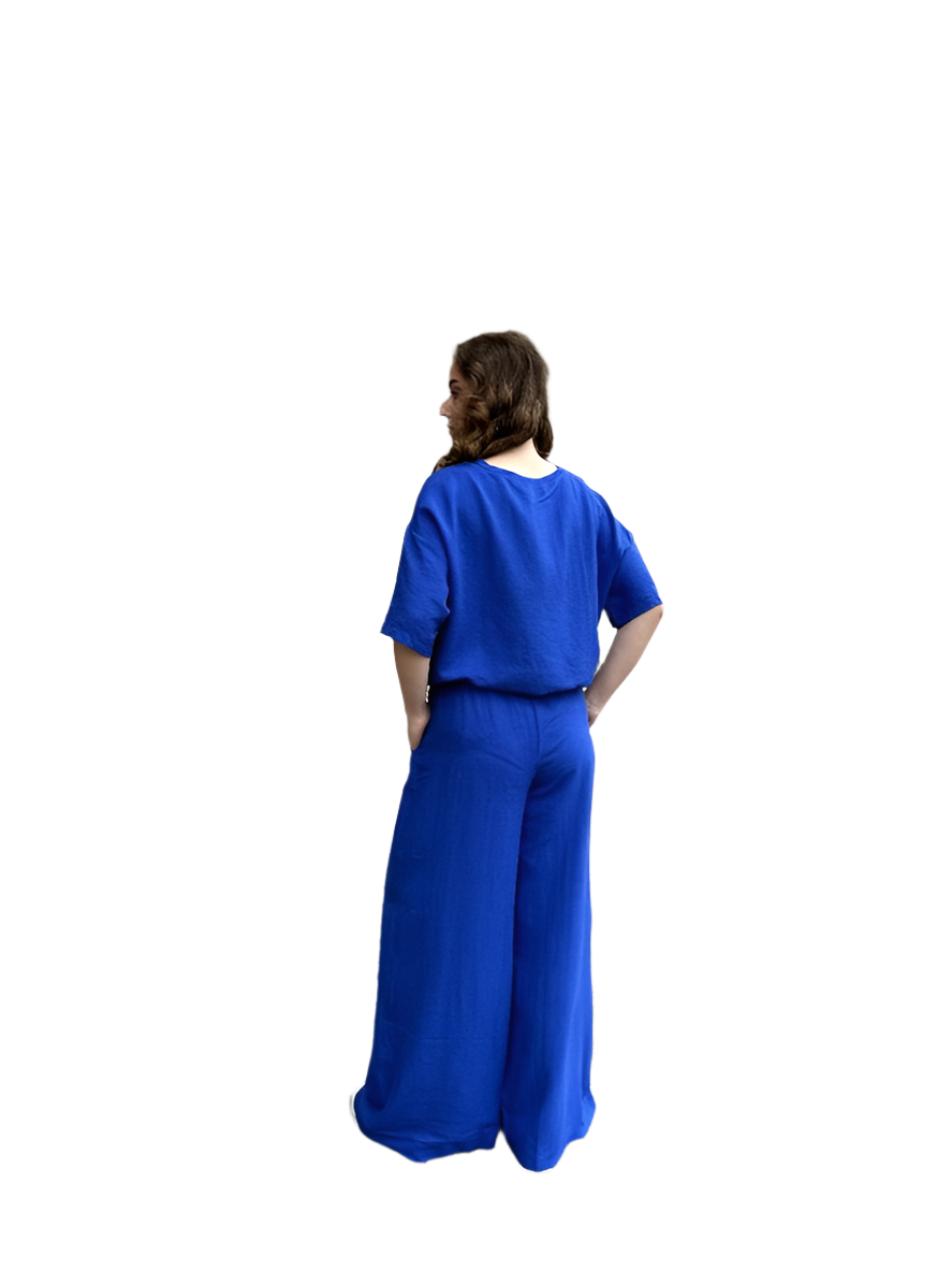 Womens Stylish Blue Wide Leg Culottes and Loose Fit Top Set