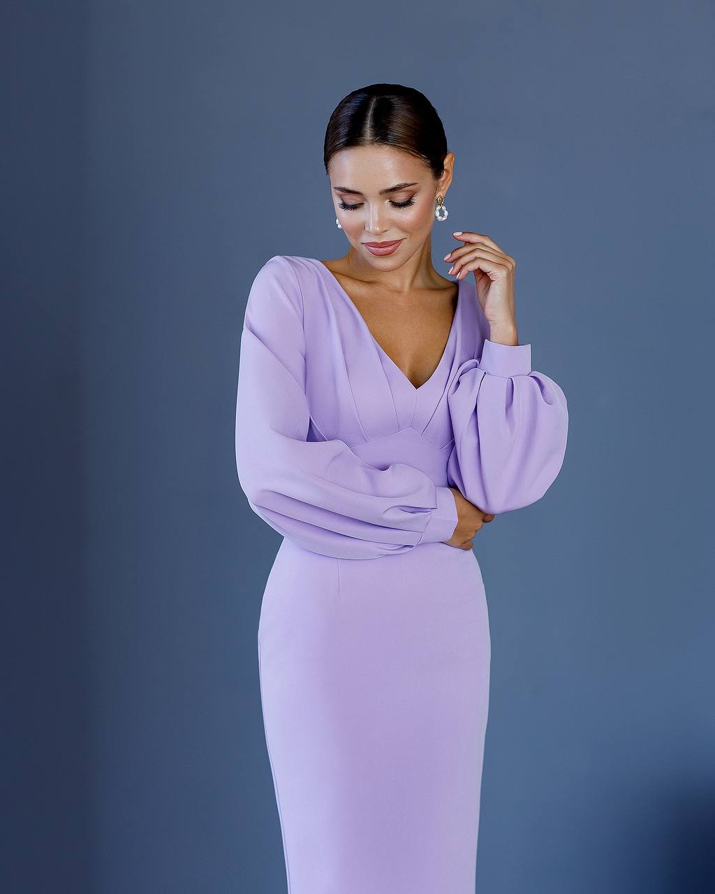 Elegant Midi Dress for Women in Lavender Premium Crepe Fabric