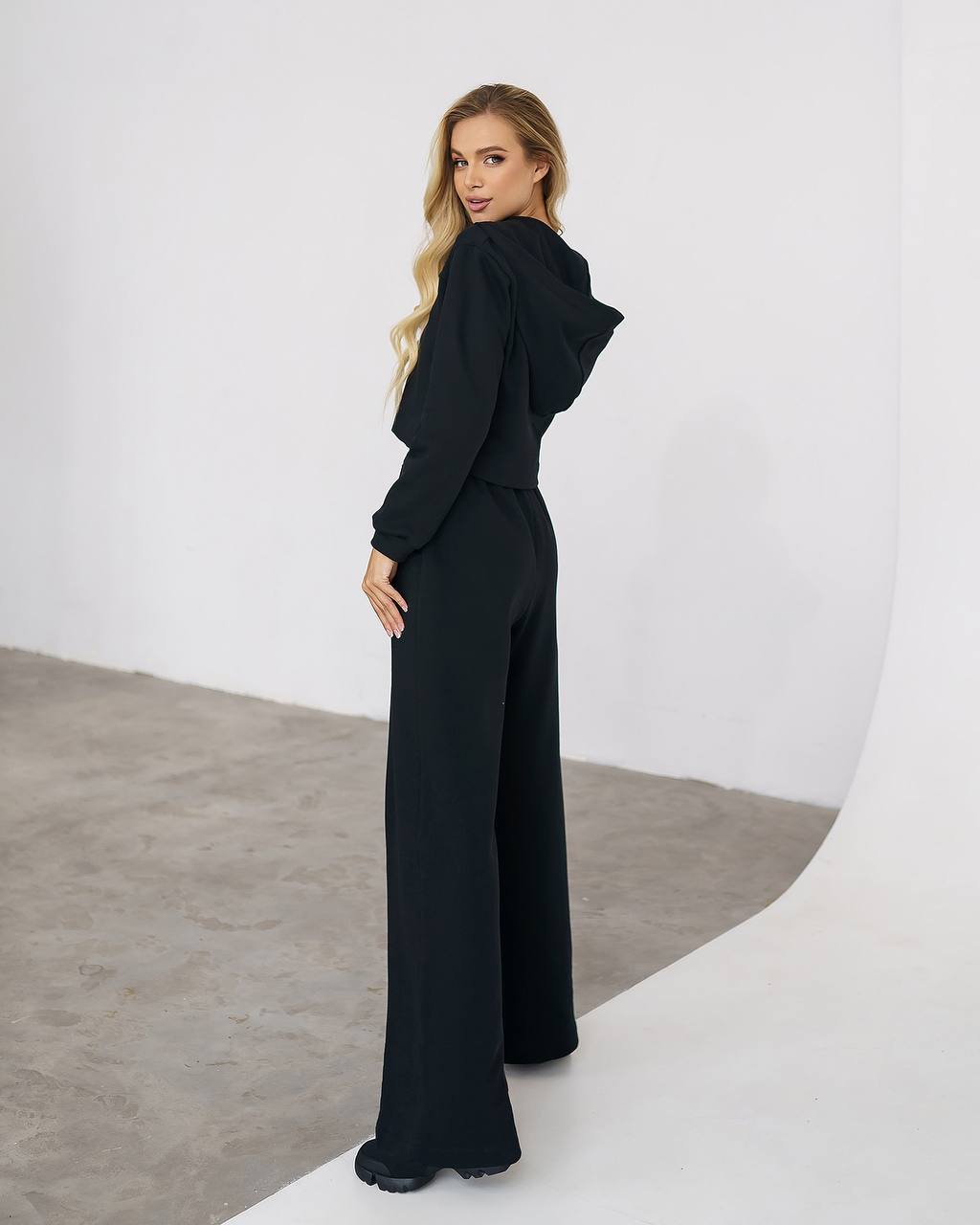 Women Black Cotton Knit Casual Wide Leg Pants