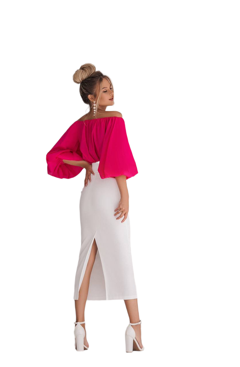 Woman wearing a bright pink off-shoulder top and white skirt on a white background
