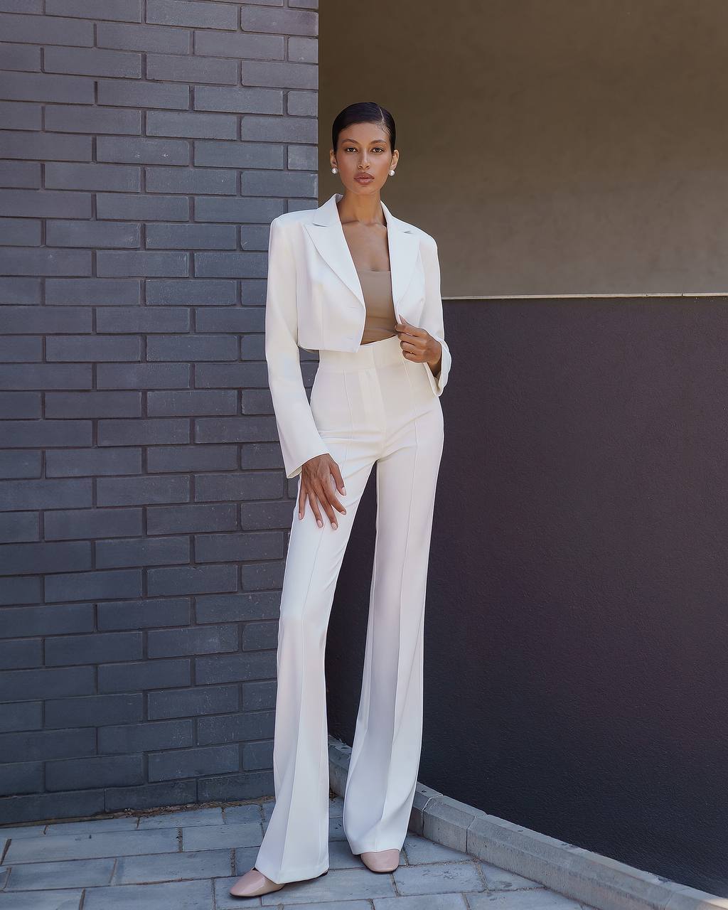 Premium Diagonal Crepe Women's Suit Blazer with Lining and Trousers in White