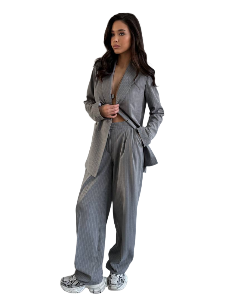 Womens Gray Pinstripe Crepe Suit Blazer and Wide Leg Pants