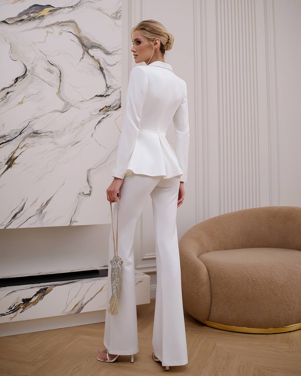Elegant Premium Diagonal Crepe Women's Suit in White with Peplum Jacket and Flared Pants
