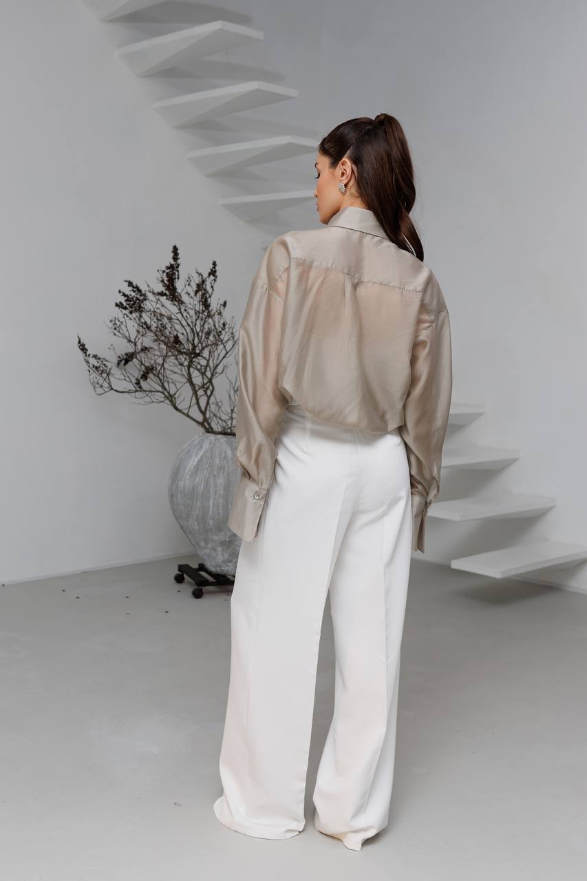 Woman wearing a sheer beige blouse and white pants standing in a minimalistic room with a plant and staircase.